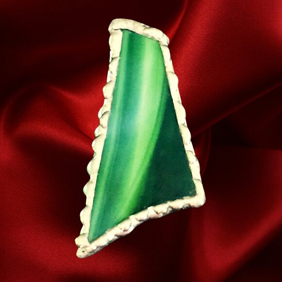 VTG Handcrafted Green Art Brooch 1970s Modernist Silver-Tone Artisan Pin - Picture 6 of 10